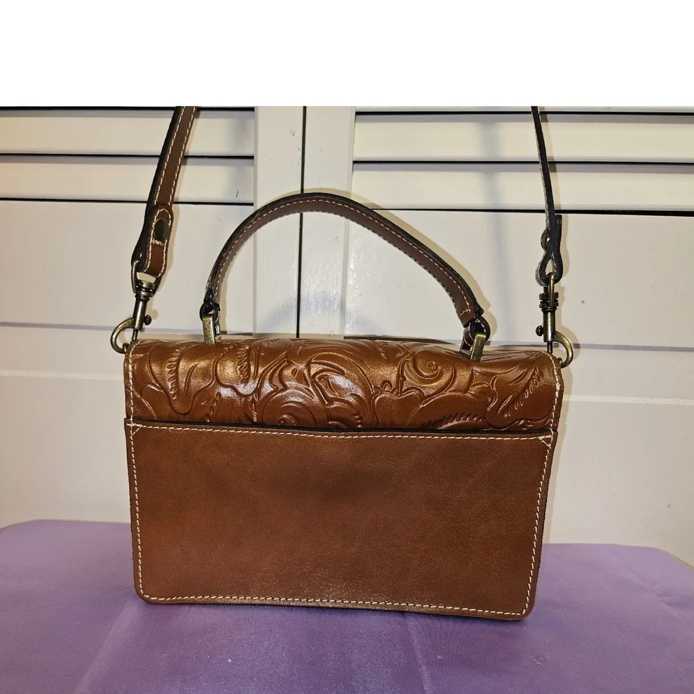 Patricia‎ Nash Brown Tooled Leather Floral Crossbody Satchel Bag Top Handle